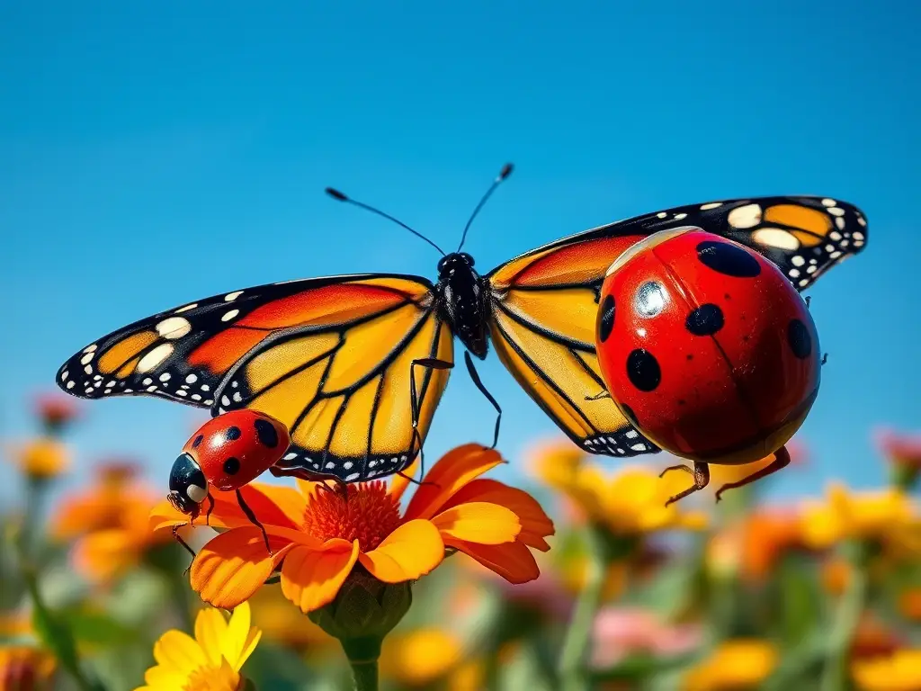 Fotografía realista de mariposa monarca y mariquita con detalles meticulosos