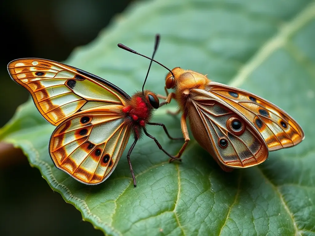 Fotorealista de mariposa y luciérnaga en un tallo, detallada y en proporciones naturales