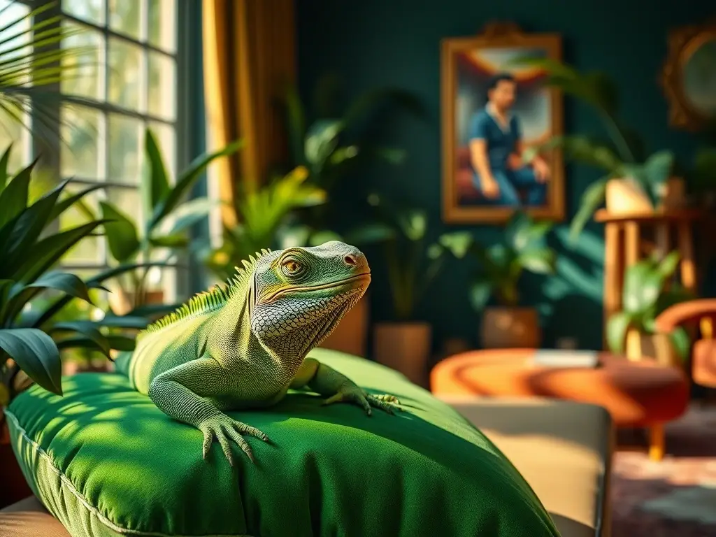 Una iguana verde relajada se deja besen el sol en un cojín