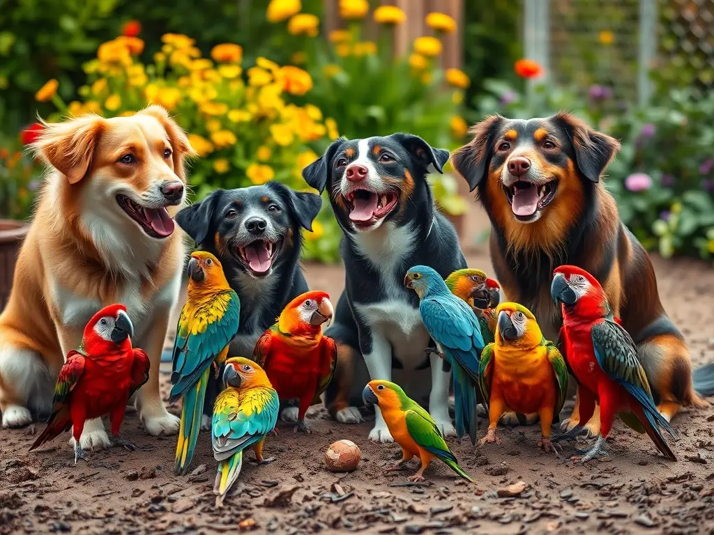 Una familia de perros juguetona con aves en un jardín vibrante