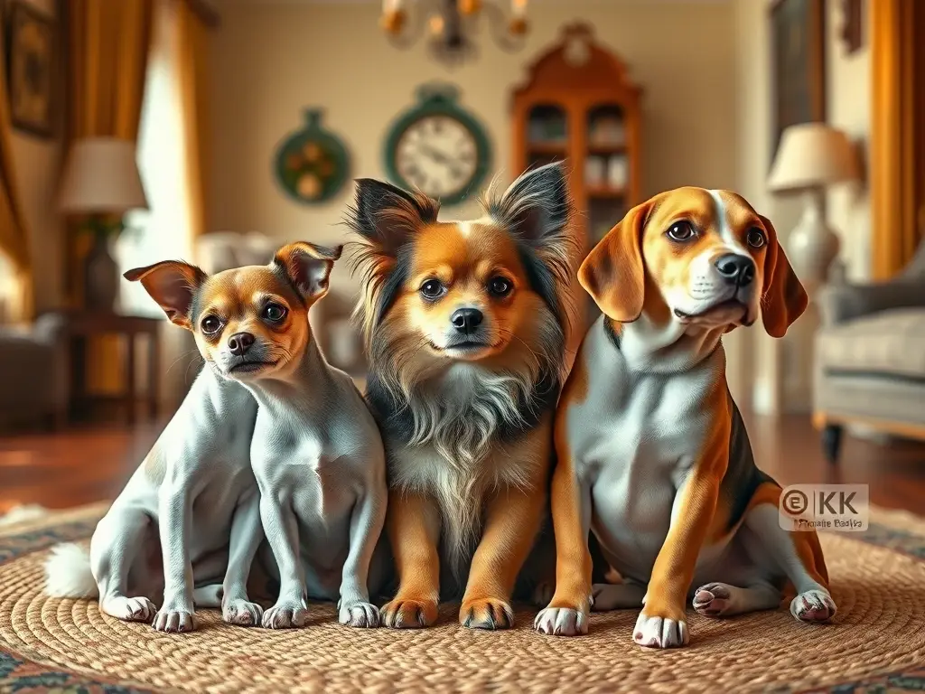 Fotografía realista de tres razas de perros relajadas en un tapete tradicional