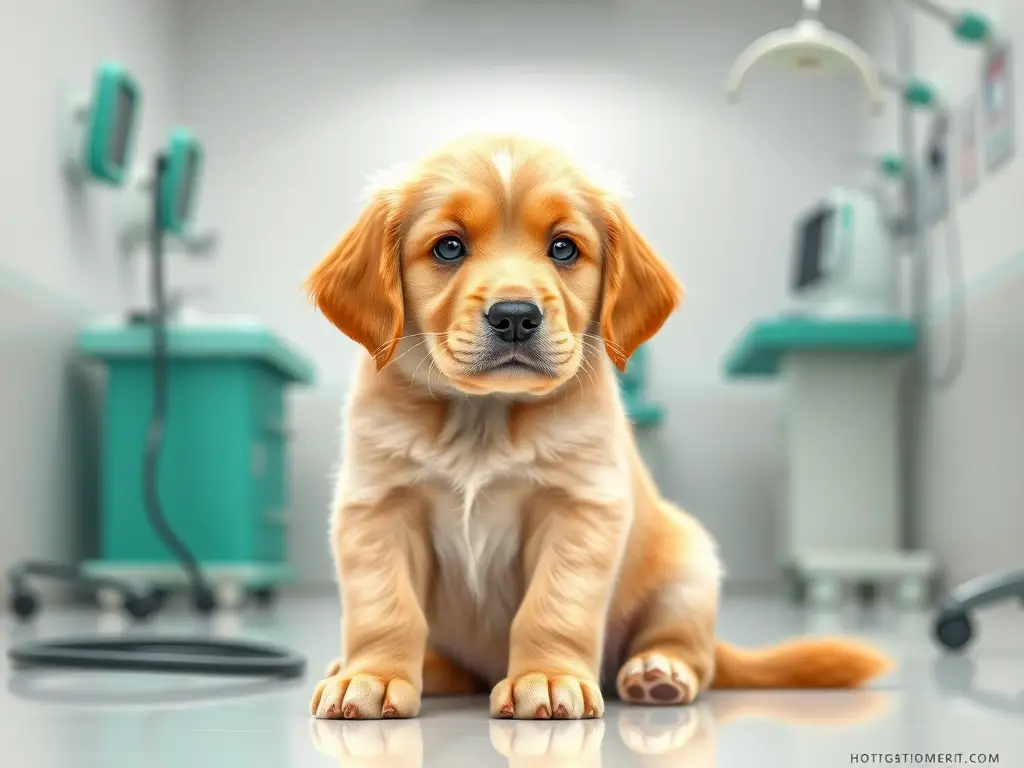 Foto realista de un cachorro labrador golden tranquilo cerca de un veterinario
