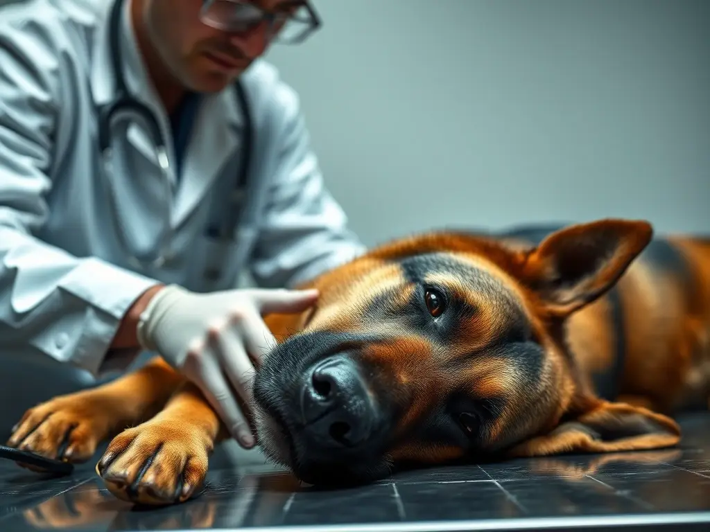 Imagen realista de un veterinario examinando a un pastor alemán angustiado