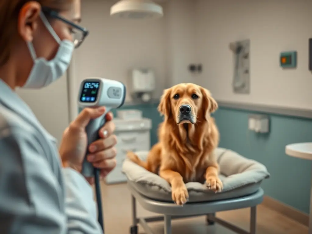 Veterinaria con un golden retriever tranquilo y calmado