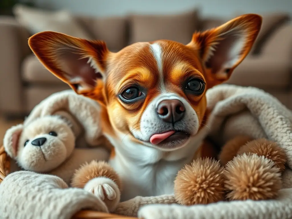 Un Chihuahua preocupado duerme en un espacio confortable
