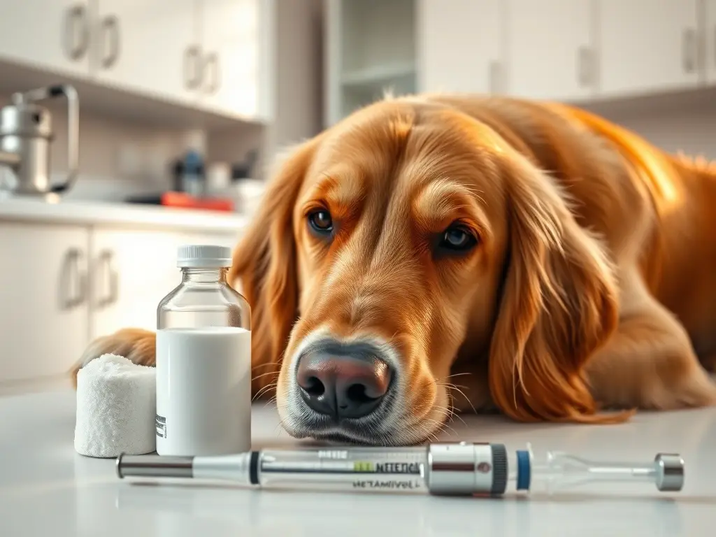 Perro dorado en mesa veterinaria, foto realista