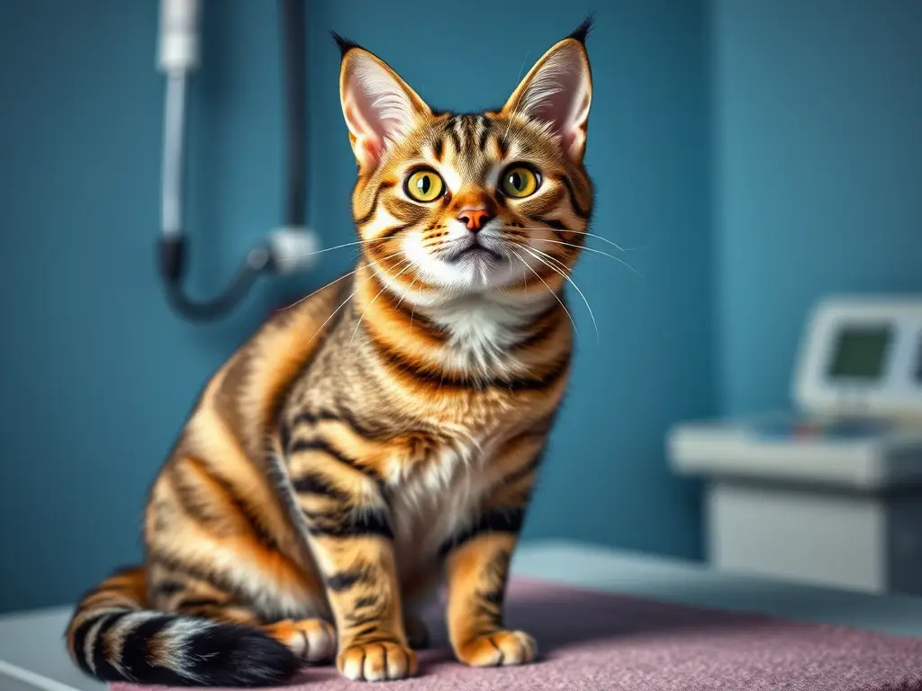 Foto realista a un gatito tabby sonriente en una consulta veterinaria