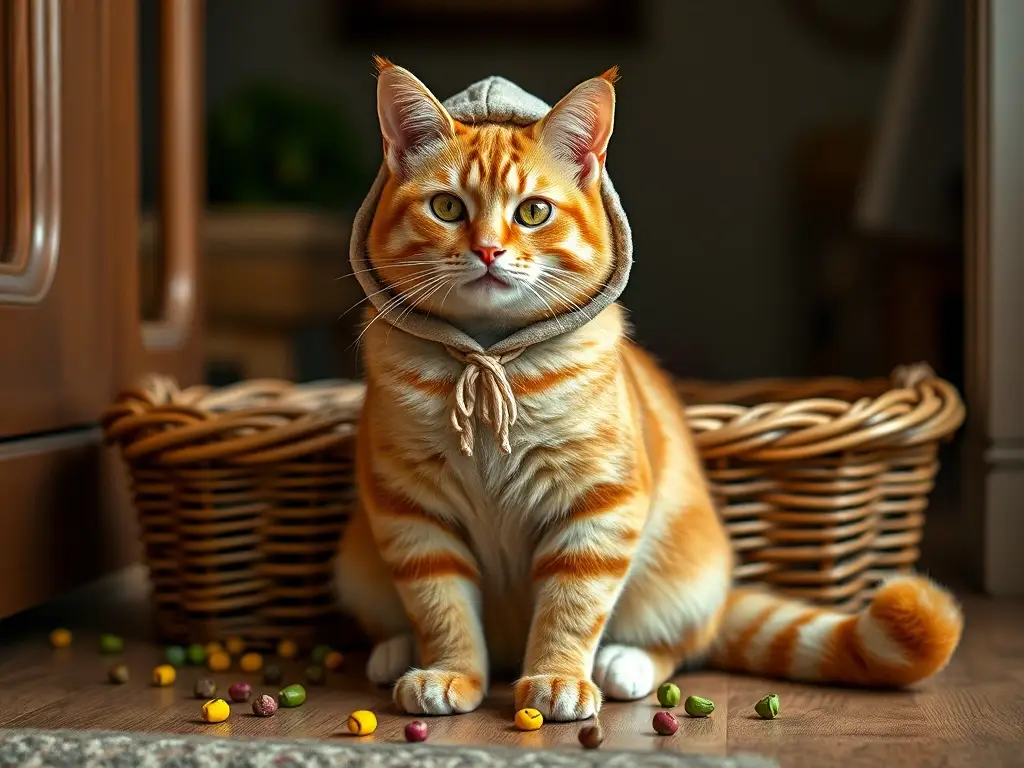 Una imagen de gatito de jengibre con ropa felina en un cesto de catnip de alta resolución