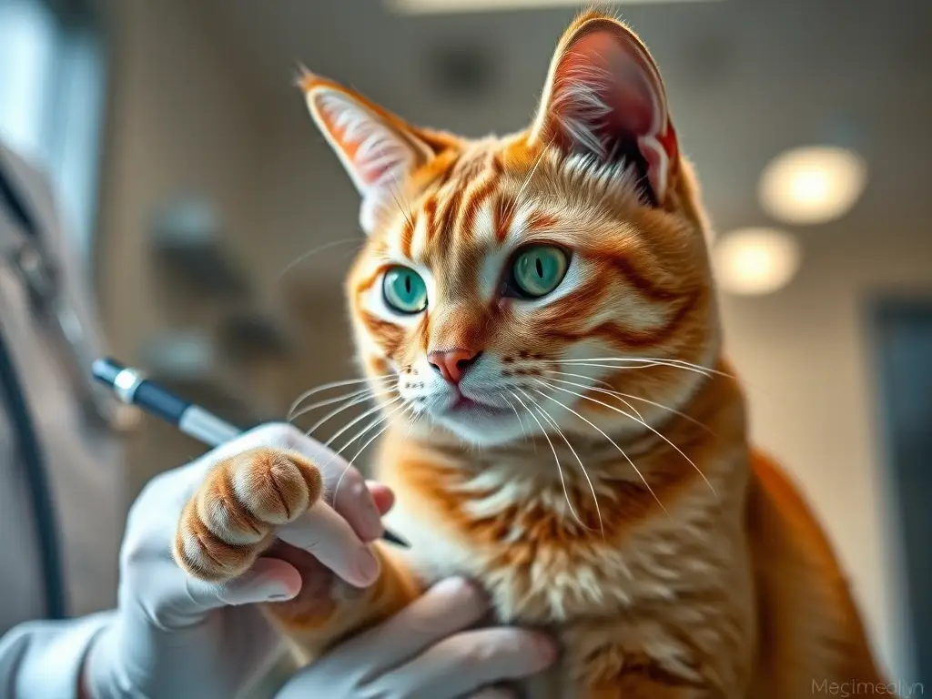 Fotorealistic, 8k de un gatito jengibre con ojos verdes brillantes observando un veterinario en una clínica veterinaria