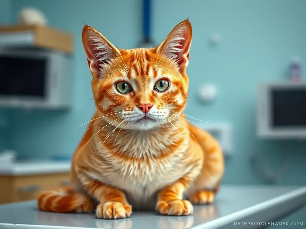 Imagen de un gato tabby realista en una consulta veterinaria