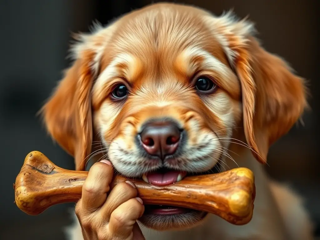 Foto realista de un cachorro golden retriever comiendo hueso, con expresión penetrante