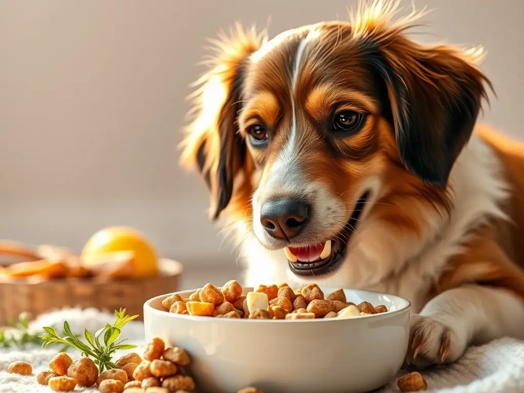 Una fotorealisticima obra maestra de 8K con un perro comiendo con alegría