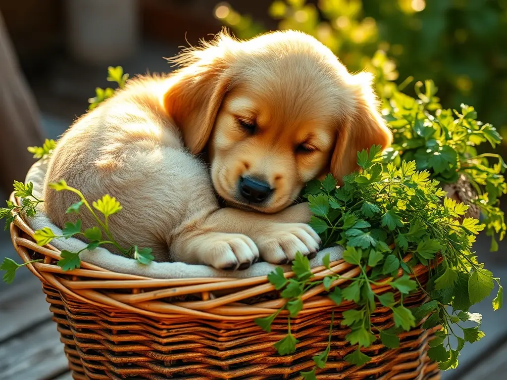 Un cachorro labrador relajado duerme en un cesto de flores