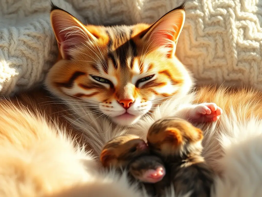 Foto realista de una madre gata descansando con sus cachorros
