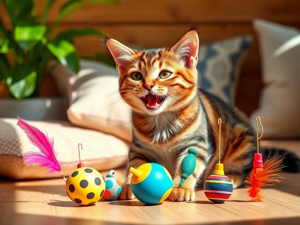 Gato marrón juega feliz con juguetes coloridos