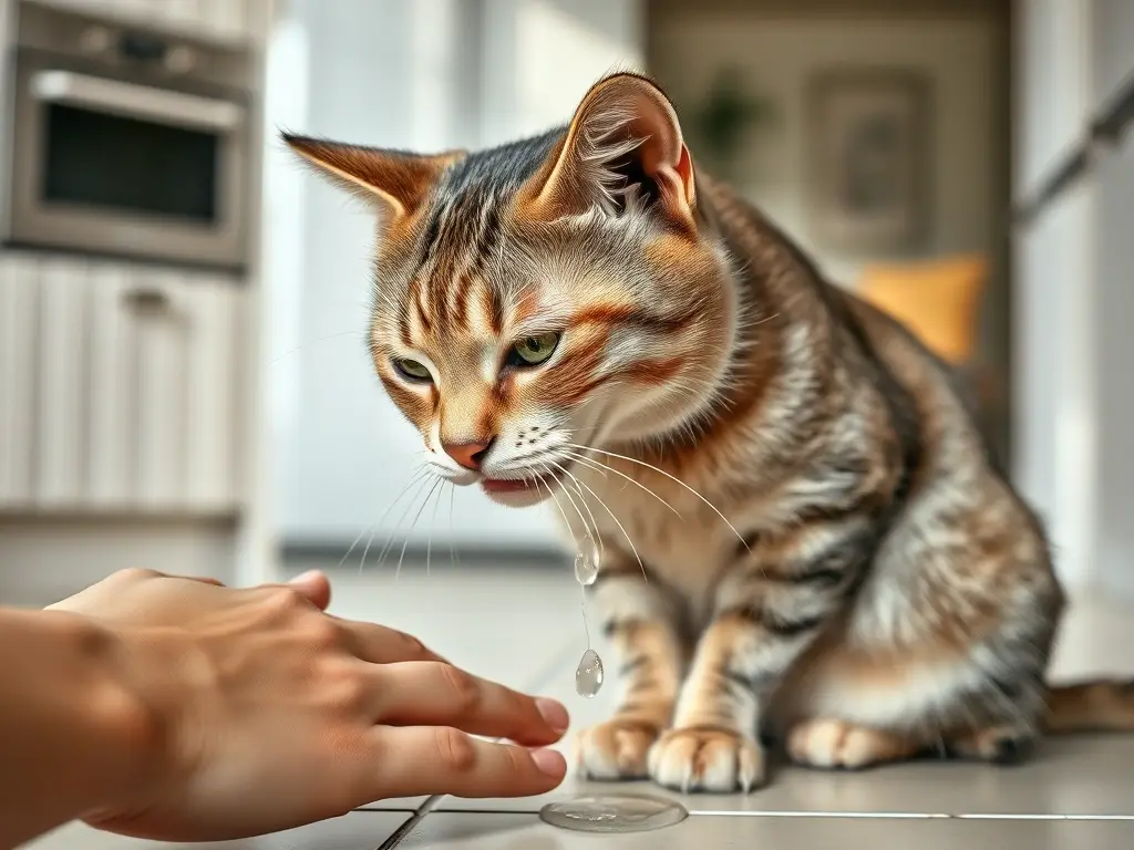 Gato con saliva y mano, retrato hiperrealista