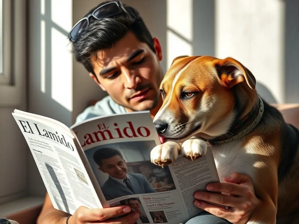 Fotografía realisticista de una persona leyendo El Lamido con su perro que le da amor