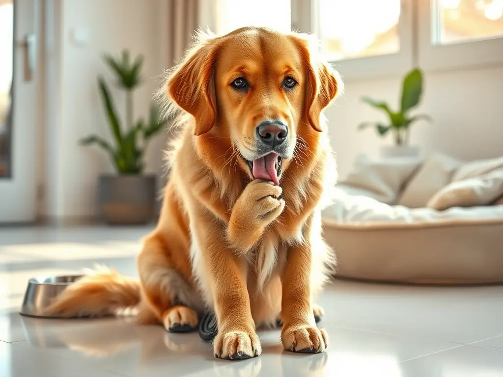 Golden retriever lamiendo pata, interior luminoso