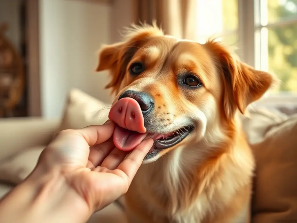 Perro feliz lame la mano sonriendo