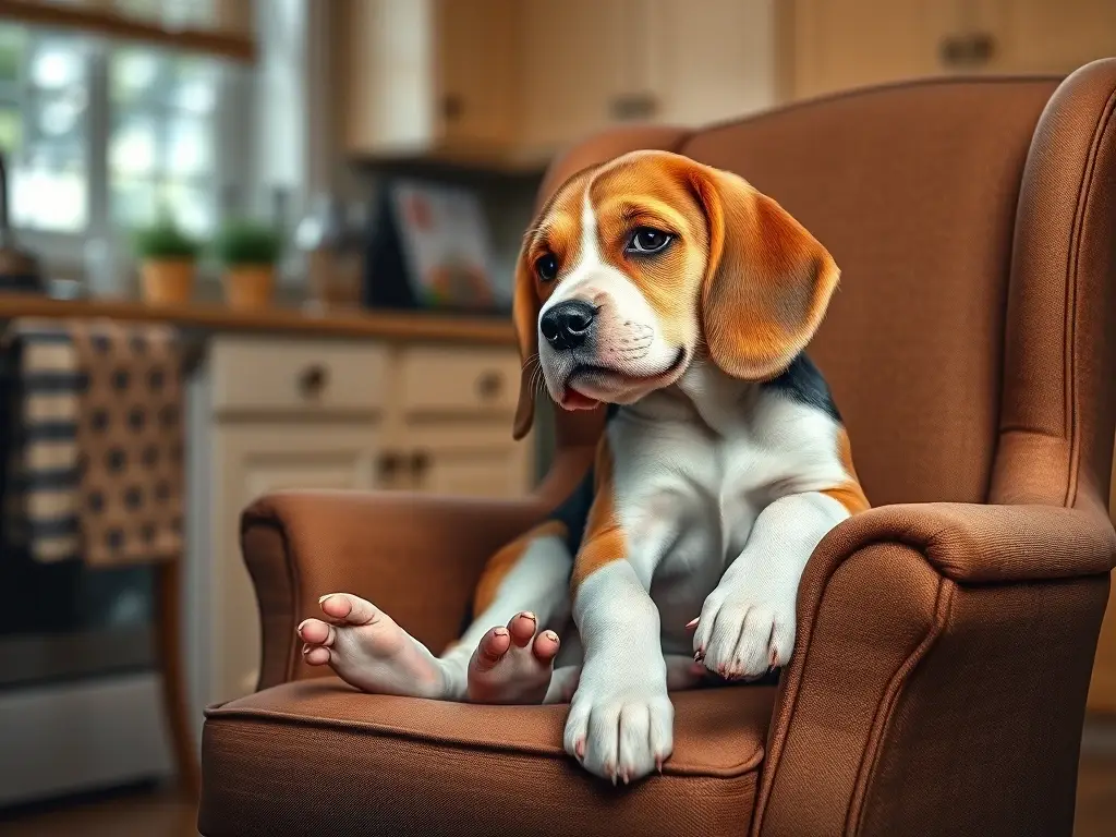 Mamán beagle en un sillón, fotorealista, alta definición