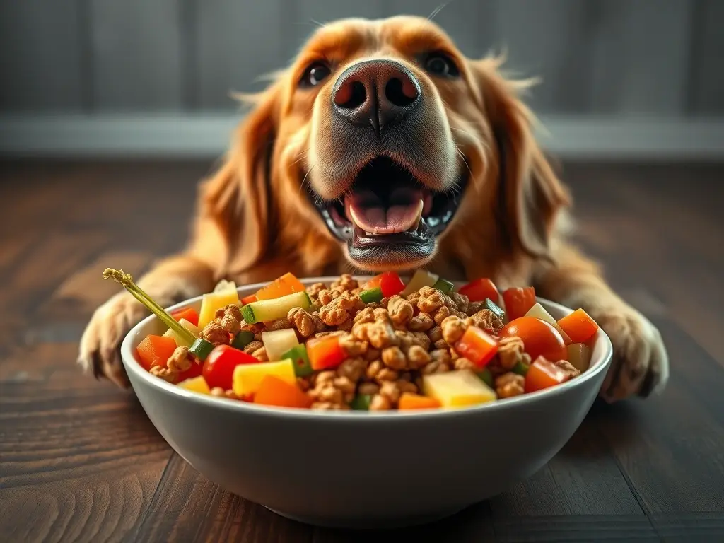 Un Retriever de raza Golden feliz, disfrutando de un banquete de comida