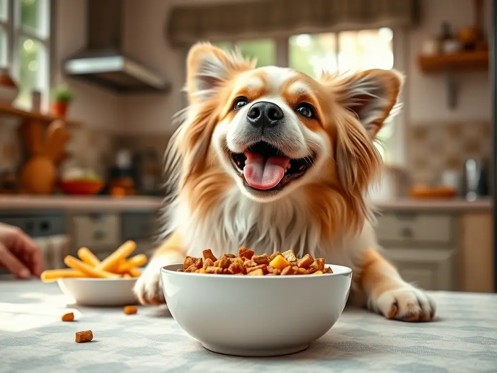 Un retrato hermoso, realista y de alta resolución de un perro felizmente comiendo