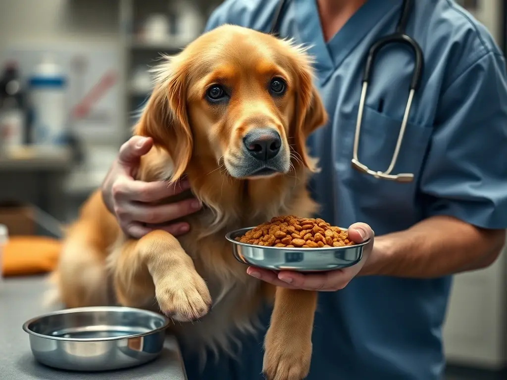 Fotografía realista de veterinario con Golden retriever y comida casera