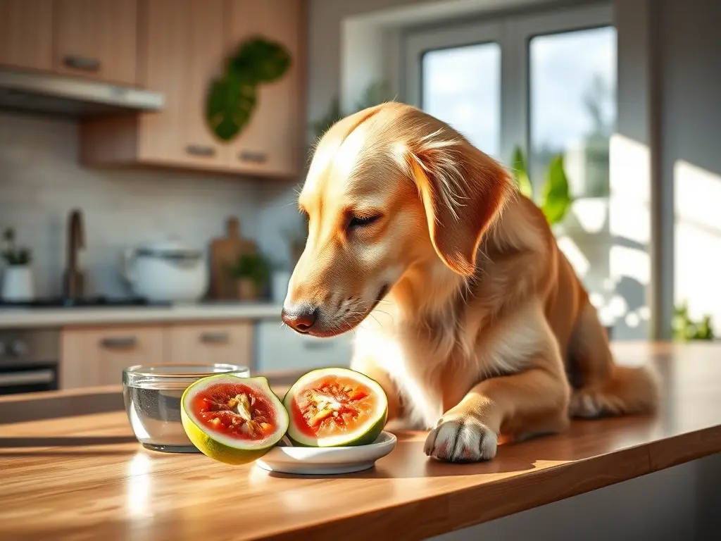 Perro amigable empuja guayaba en cocina