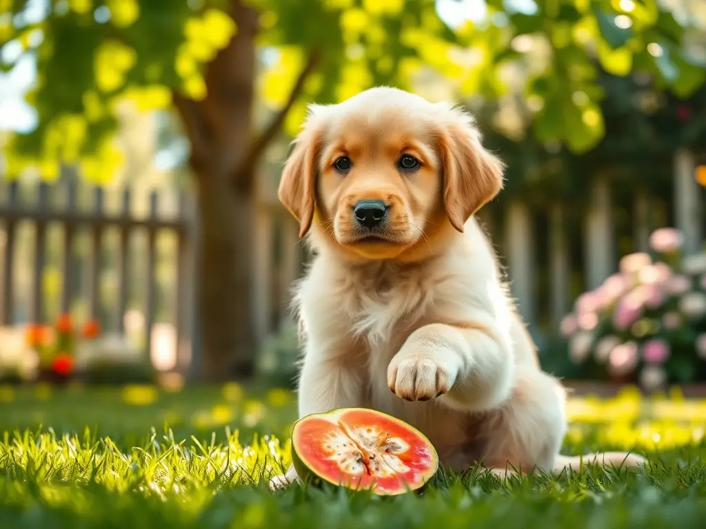 Cachorro golden retriever con guayaba en césped