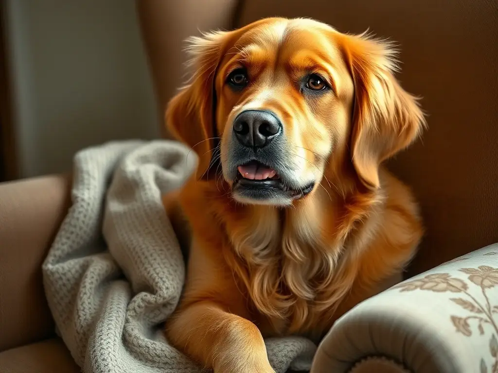 Un retrato realista y de gran resolución de un labrador con problemas dentales, en un sillón