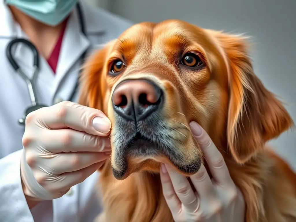 Imagen realista de un veterinario examinando la nariz de un labrador con rinitis, detalladamente