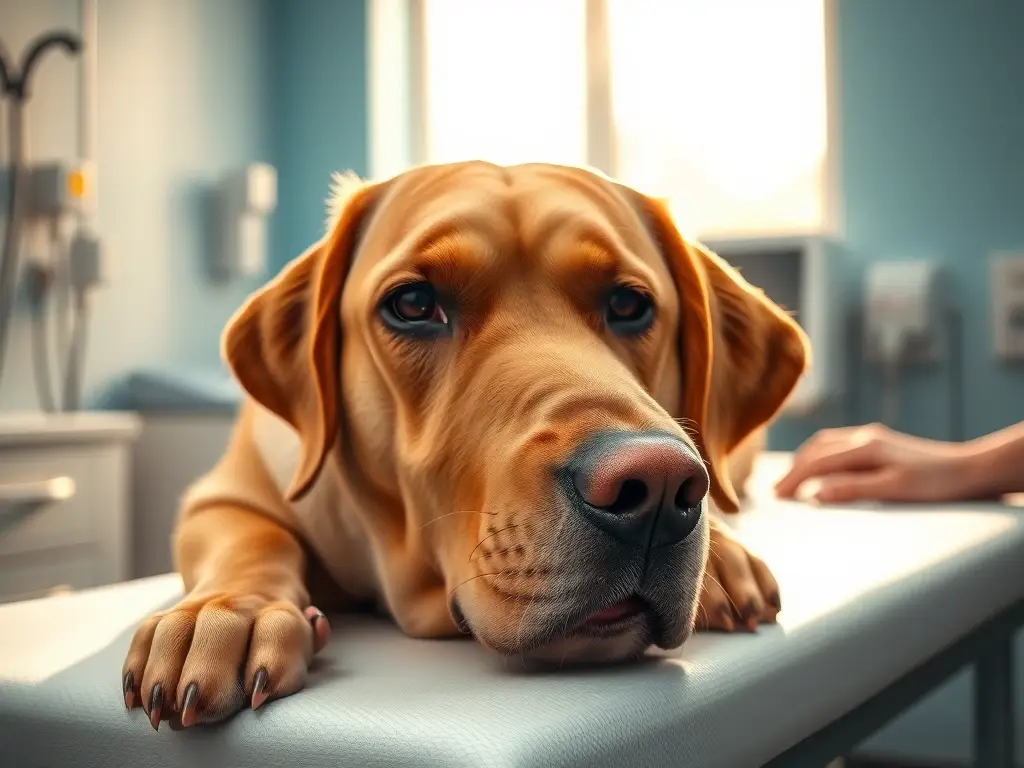 Labrador cansado, foto realista en mesa veterinaria