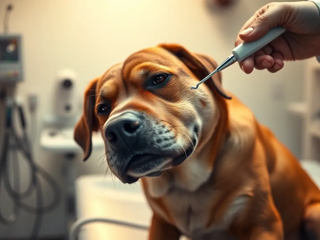 Perro triste, drooling, muestra tumor oral veterinario