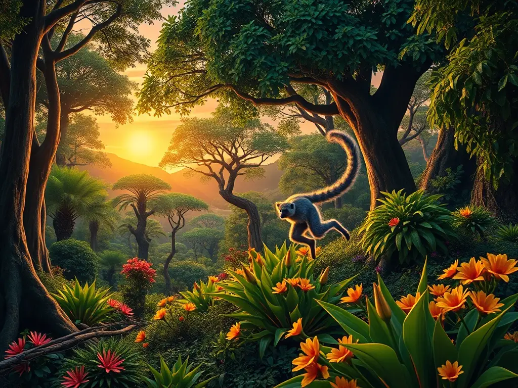 Una fotografía realista de un lemur de Madagascar en un paisaje vibrante