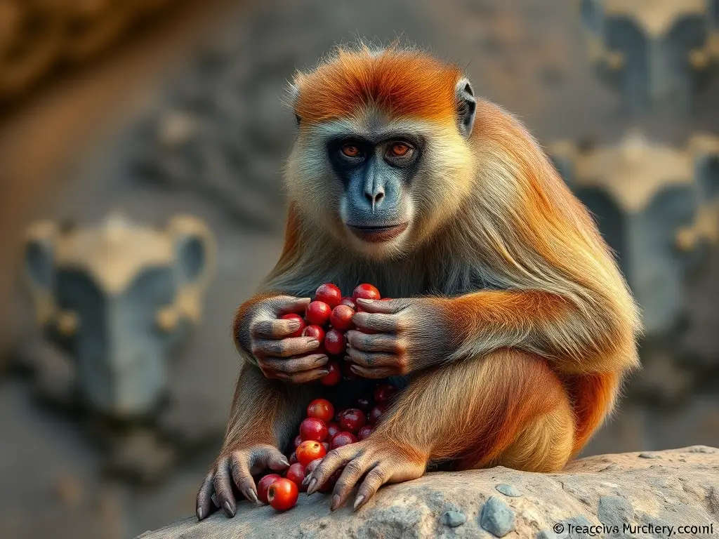 Foto retrato realista de mono sentado en un rocher, con bayas, mirando a la cámara