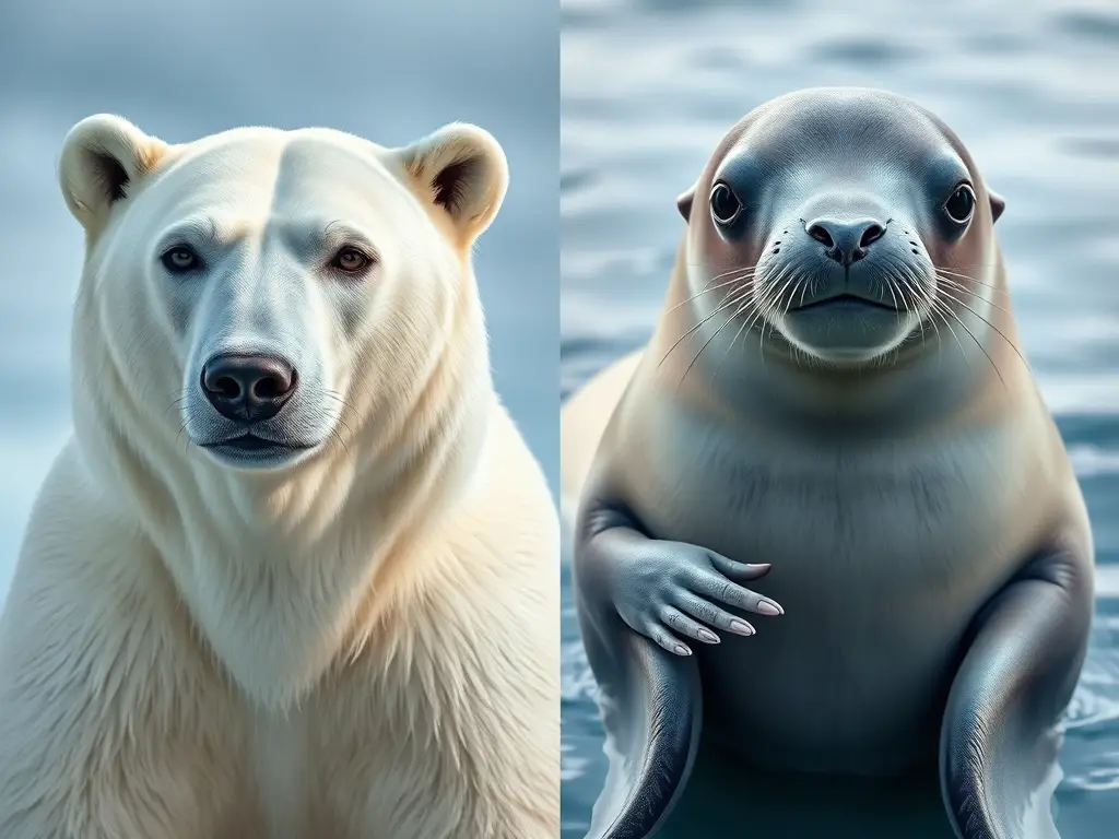 Comparación fotorealista de morsa y foca