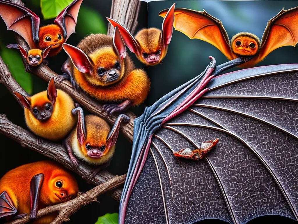 Fotografía realista de portada de libro de divulgación sobre especies de murciélagos