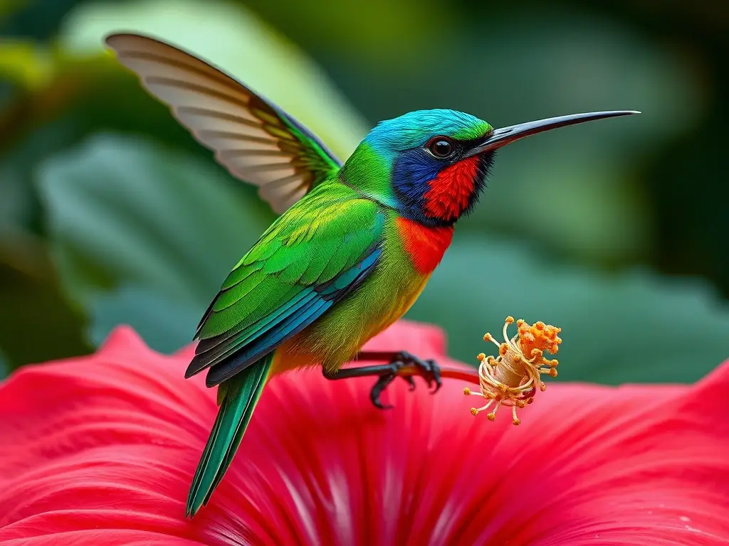 Photorealistic 8K de un colibrí vibrante en flor de hibiscus