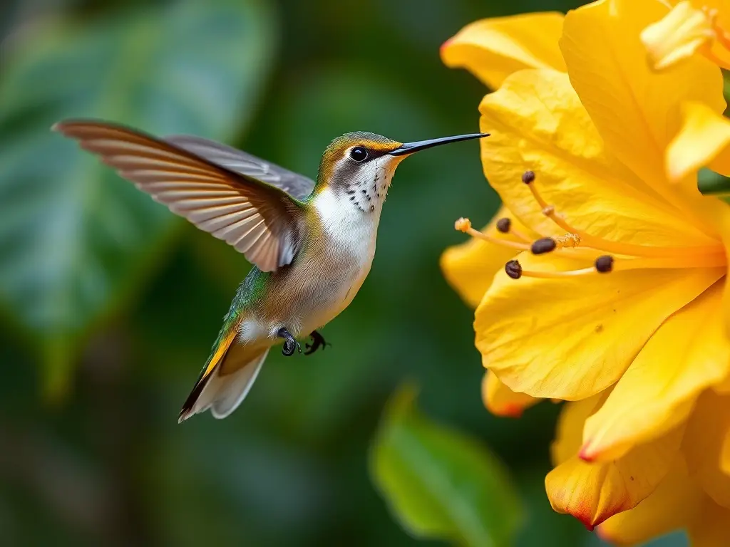 Imagen realista de colibrí en flor de bougainvillea