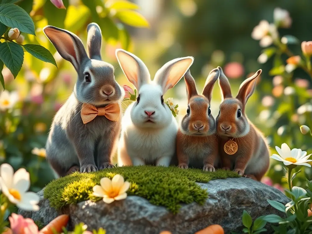 Tres conejos en jardín primaveral fotorrealista