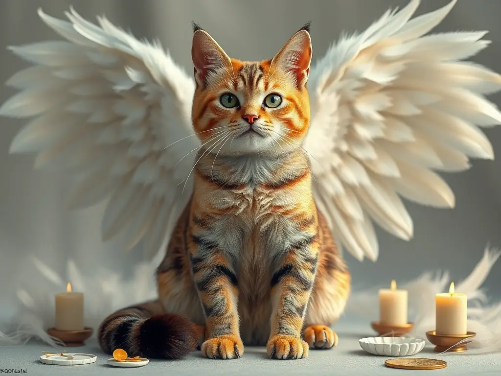 Fotorealista de gato sabio con alas de plumas, con símbolos espirituales