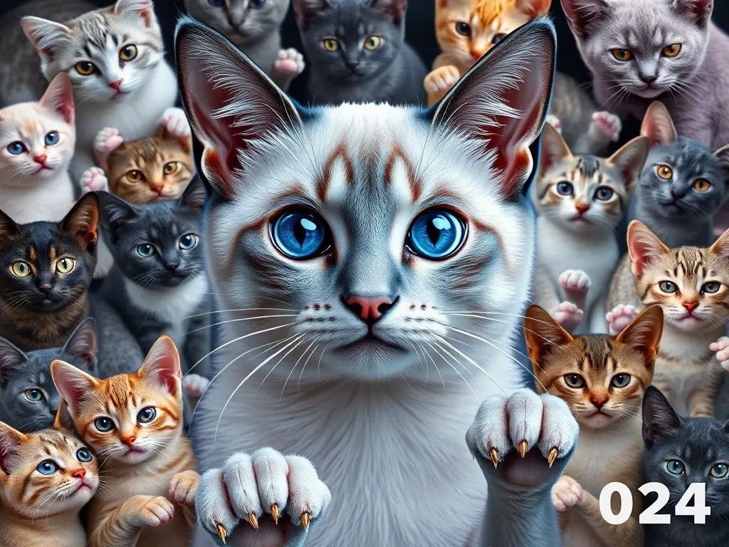 Foto real de un gato Siamese con ojos azules en un collage de felinos coloridos