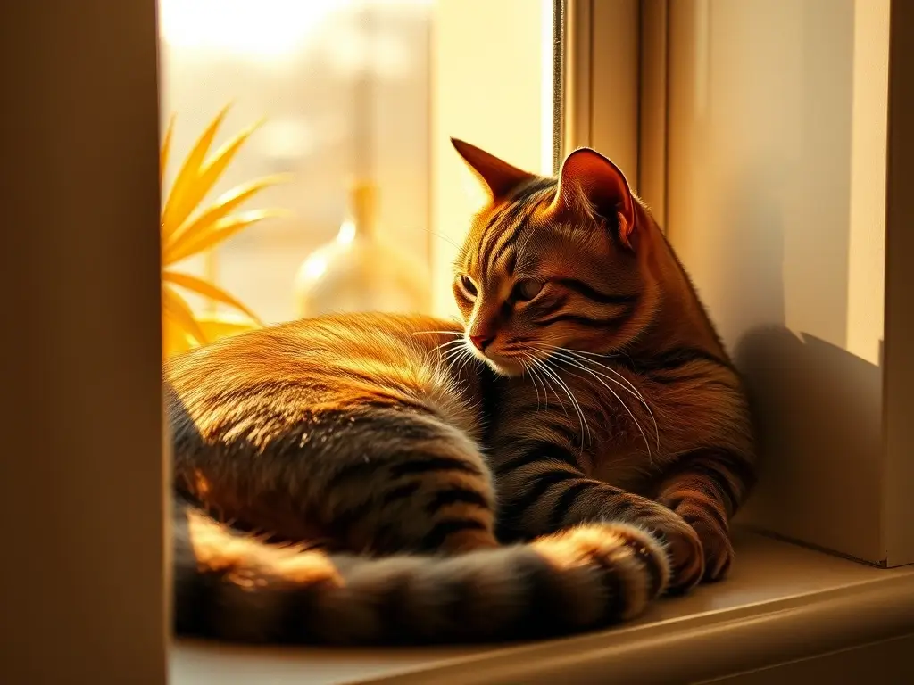 Foto real de un gato tabliert elegante dormido en una ventana, luz solar dorada