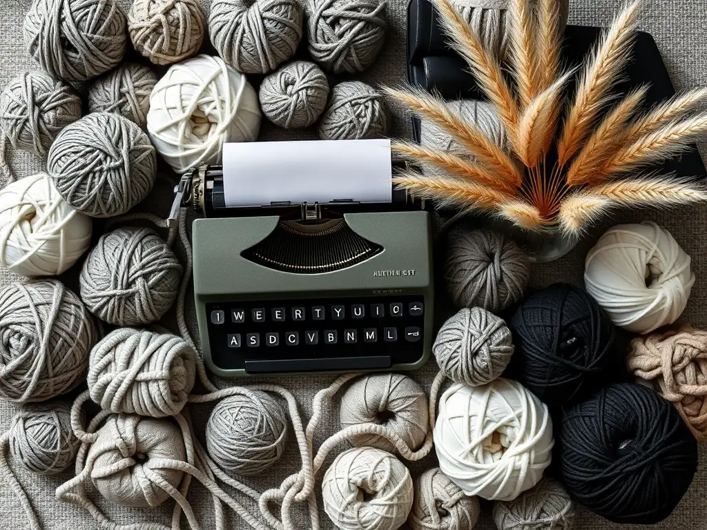 Foto de alta resolución de lana en tonos grises y blancos, con un typewriter vintage