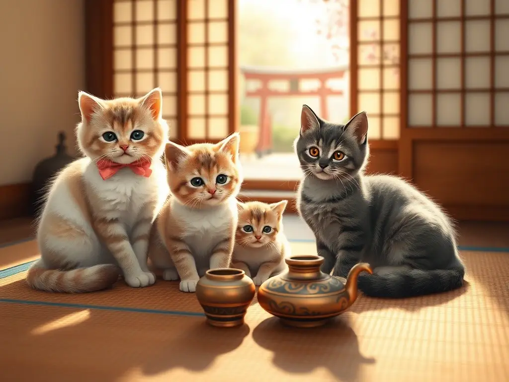 Ilustración fotorrealista de gatitos japoneses en tatami