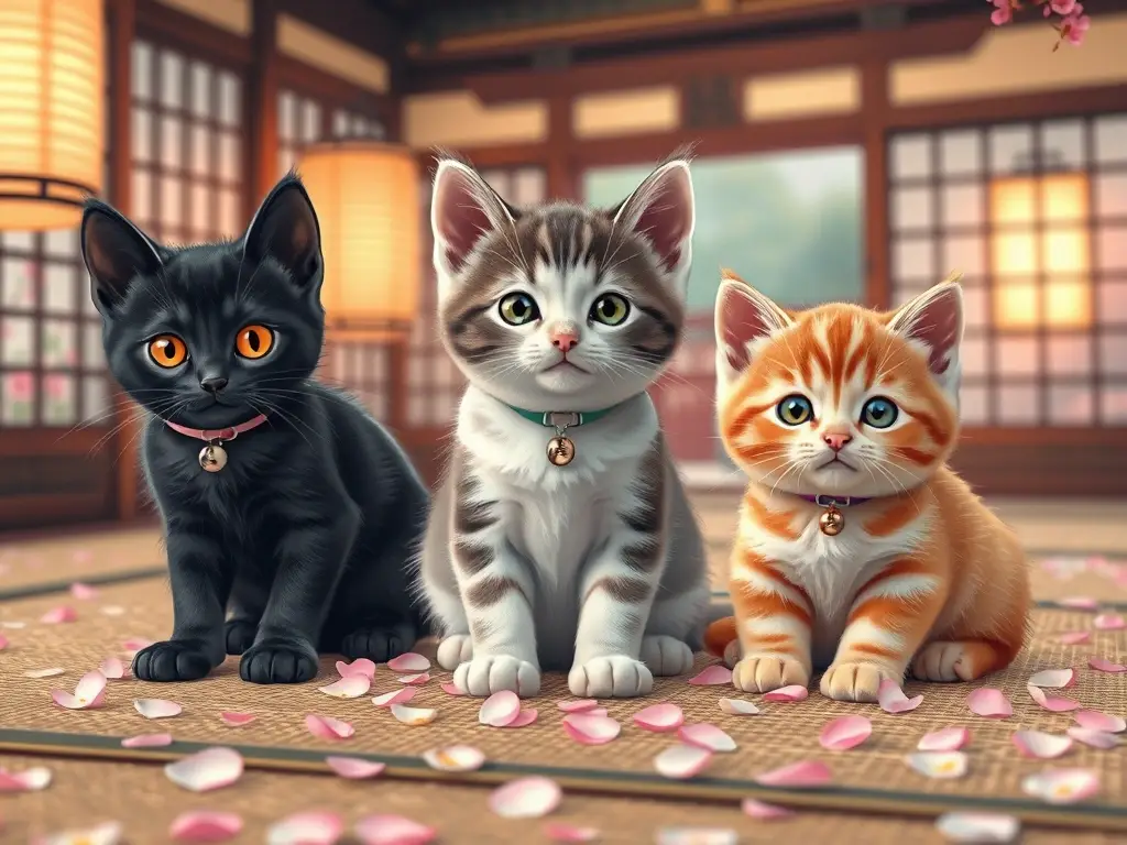 Tres gatitos japoneses en tatami con cerezos