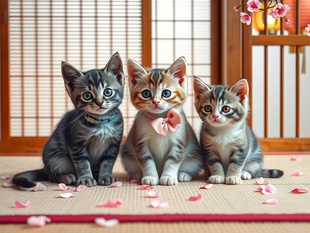 Tres gatitos japoneses sobre tatami con sakuras