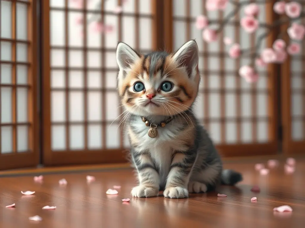 Gatito japonés con collar metálico, adorable