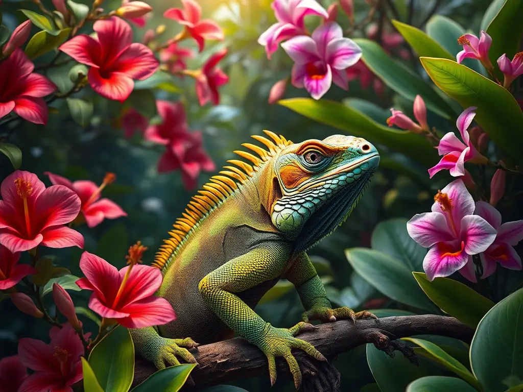 Una iguana realista de 8k en un ambiente tropical
