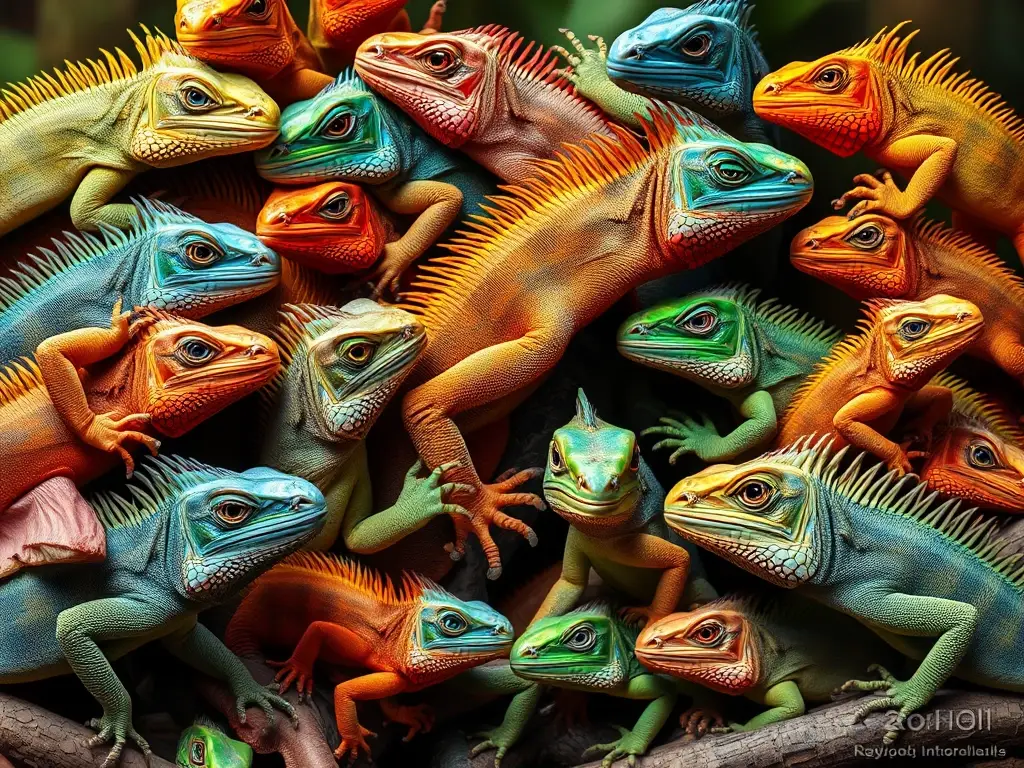 Collage de iguanas photorealistas vibrantes y sin detalles artificiales
